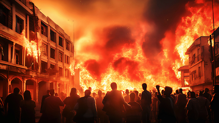 JPG 편집이미지 실루엣 불 사람 여러명 건물 빨간색 손상 연기 군중 폐허 화재 전쟁 붕괴 전쟁터 무너짐 편집실사 AI인물포토 AI콘텐츠 자연요소 건축물 컬러 다수 컨셉 모션 촬영기법 사건 CG 파일형식 AI포토