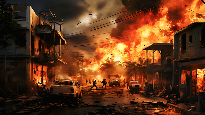 JPG 편집이미지 실루엣 자동차 하늘 불 거리 사람 여러명 건물 손상 연기 군중 폐허 화재 전쟁 붕괴 전쟁터 대피 혼란 무너짐 편집실사 AI포토 AI인물포토 AI콘텐츠 자연요소 건축물 육상교통 다수 컨셉 모션 촬영기법 사건 CG 파일형식