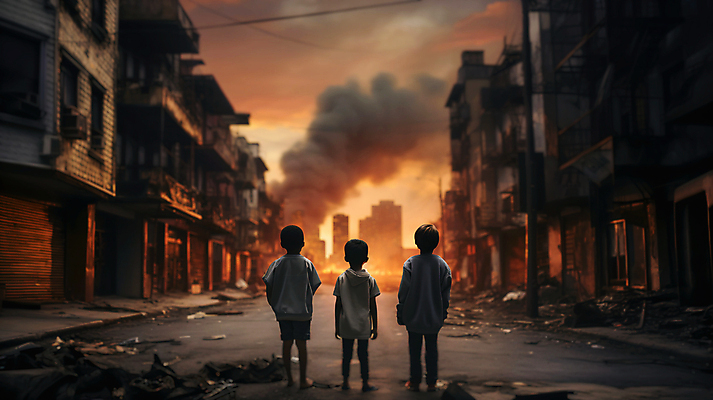 JPG 전신 편집이미지 응시 남자 어린이 하늘 불 거리 서기 소년 세명 손상 연기 폐허 화재 전쟁 붕괴 전쟁터 고아 소년만 무너짐 편집실사 AI인물포토 AI콘텐츠 자연요소 시선 컨셉 모션 사람 사건 CG 남자만 어린이만 파일형식 AI포토