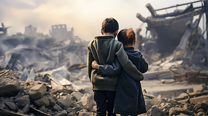 JPG 편집이미지 여자 남자 어린이 허리손 안기 소녀 소년 상반신 두명 손상 좌절 폐허 전쟁 붕괴 위로 전쟁터 고아 어린이만 무너짐 편집실사 AI인물포토 AI콘텐츠 감정 포즈 컨셉 모션 사람 CG 파일형식 AI포토