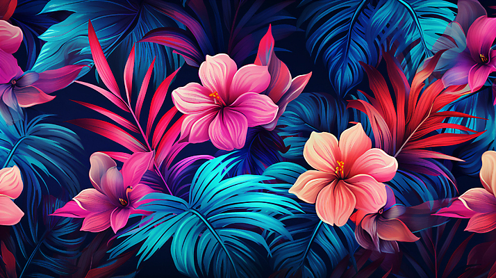 JPG 꽃 백그라운드 패턴 일러스트 열대 사람없음 컬러풀 야자수잎 열대꽃 열대잎 이국적 보테니컬아트 트로피컬아트 국내일러스트 AI일러스트 AI콘텐츠 식물 컬러 잎 무늬 그림 파일형식