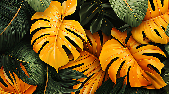 JPG 백그라운드 패턴 일러스트 열대 사람없음 초록색 노란색 야자수잎 몬스테라 열대잎 이국적 보테니컬아트 트로피컬아트 국내일러스트 AI일러스트 AI콘텐츠 식물 컬러 잎 무늬 그림 파일형식