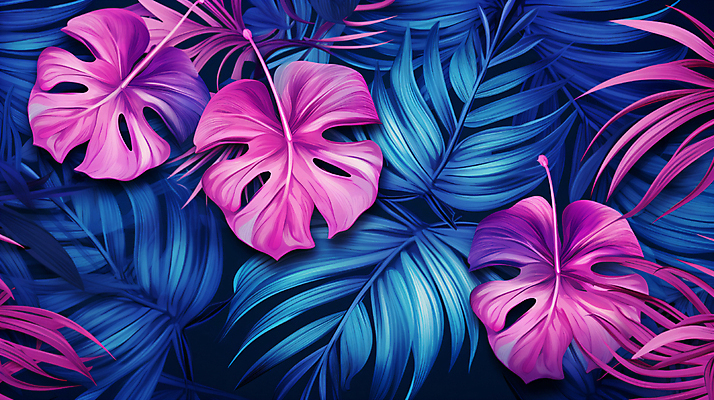 JPG 분홍색 백그라운드 패턴 일러스트 열대 사람없음 파란색 야자수잎 몬스테라 열대잎 이국적 보테니컬아트 트로피컬아트 국내일러스트 AI일러스트 AI콘텐츠 식물 컬러 잎 무늬 그림 파일형식