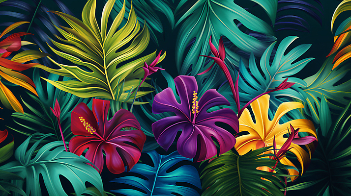 JPG 꽃 백그라운드 패턴 일러스트 열대 사람없음 컬러풀 야자수잎 열대잎 이국적 보테니컬아트 트로피컬아트 국내일러스트 AI일러스트 AI콘텐츠 식물 컬러 잎 무늬 그림 파일형식