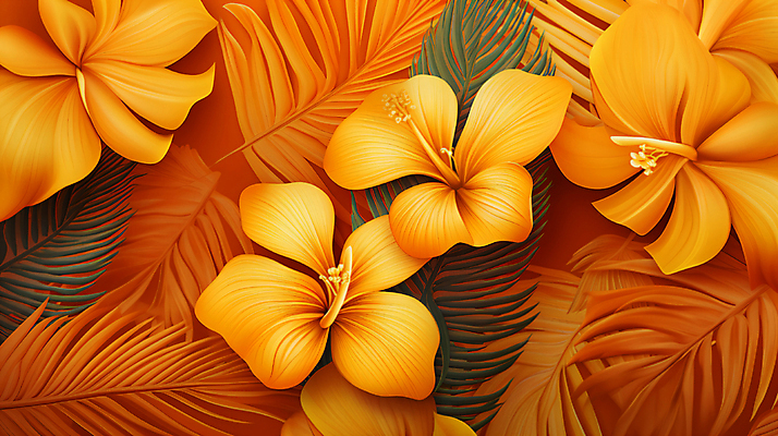 JPG 꽃 백그라운드 패턴 일러스트 열대 사람없음 노란색 주황색 야자수잎 열대꽃 열대잎 이국적 보테니컬아트 트로피컬아트 국내일러스트 AI일러스트 AI콘텐츠 식물 컬러 잎 무늬 그림 파일형식