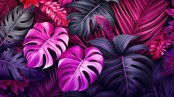 JPG 백그라운드 패턴 일러스트 열대 사람없음 보라색 자주색 야자수잎 몬스테라 열대잎 이국적 보테니컬아트 트로피컬아트 국내일러스트 AI일러스트 AI콘텐츠 식물 컬러 잎 무늬 그림 파일형식