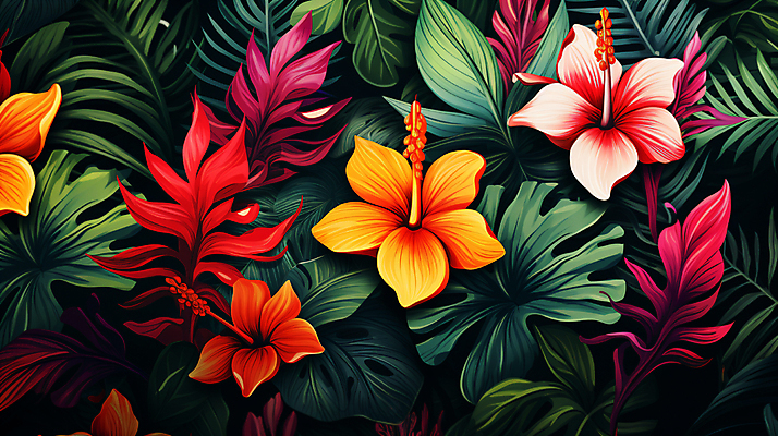 JPG 꽃 백그라운드 패턴 일러스트 열대 사람없음 컬러풀 야자수잎 열대꽃 열대잎 이국적 하와이무궁화 보테니컬아트 트로피컬아트 국내일러스트 AI일러스트 AI콘텐츠 식물 컬러 잎 무늬 그림 파일형식