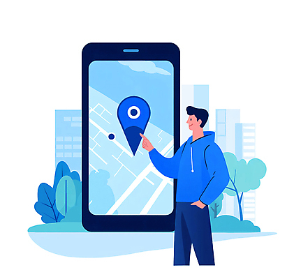 PSD 나무 남자 여행 일러스트 안내 한명 상반신 성인 건물 파란색 스마트폰 행선지 가리킴 도시 주머니손 위치 약도 길찾기 네비게이션 성인남자한명만 국내일러스트 식물 1 건축물 컬러 지도 모션 사람 손짓 핸드폰 스마트기기 남자한명만 성인남자만 파일형식