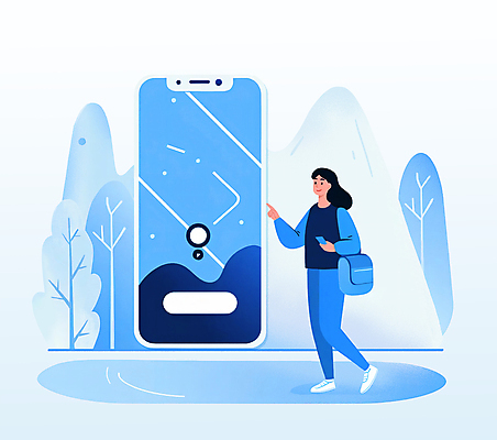 전신 PSD 나무 여자 여행 일러스트 안내 한명 들기 성인 파란색 스마트폰 걷기 행선지 가리킴 위치 약도 길찾기 네비게이션 성인여자한명만 국내일러스트 식물 1 컬러 지도 모션 사람 손짓 핸드폰 스마트기기 여자한명만 성인여자만 파일형식