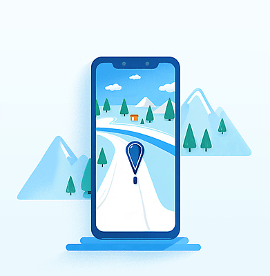 PSD 나무 여행 일러스트 산 안내 사람없음 파란색 스마트폰 행선지 위치 약도 네비게이션 국내일러스트 식물 컬러 지도 핸드폰 스마트기기 파일형식
