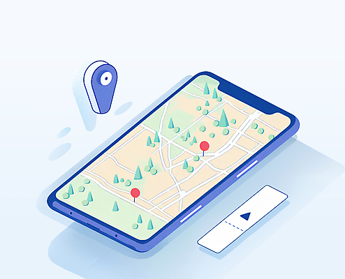 PSD 나무 여행 일러스트 안내 사람없음 파란색 스마트폰 행선지 위치 약도 길찾기 네비게이션 국내일러스트 식물 컬러 지도 핸드폰 스마트기기 파일형식