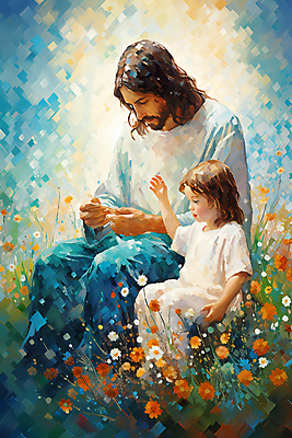 JPG 전신 여자 남자 기독교 어린이 꽃밭 일러스트 추상 함께함 미술 앉기 소녀 성인 두명 손들기 예수 유화 국내일러스트 AI일러스트 AI콘텐츠 꽃 종교 컨셉 무늬 모션 문화예술 사람 신_종교 파일형식