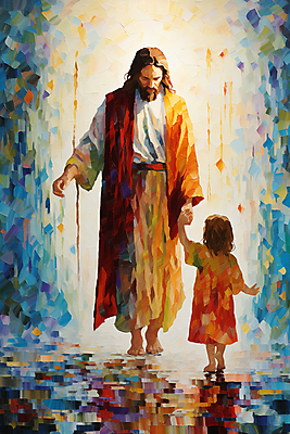 JPG 전신 여자 남자 기독교 어린이 일러스트 추상 함께함 미술 서기 소녀 성인 두명 마주보기 손잡기 예수 유화 국내일러스트 AI일러스트 AI콘텐츠 종교 컨셉 무늬 모션 문화예술 사람 신_종교 파일형식