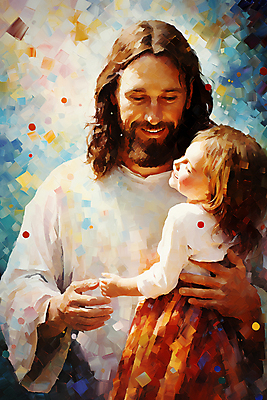 JPG 여자 남자 기독교 어린이 일러스트 안기 추상 함께함 미술 미소 웃음 들기 소녀 상반신 성인 두명 예수 유화 국내일러스트 AI일러스트 AI콘텐츠 종교 컨셉 무늬 모션 문화예술 표정 사람 신_종교 파일형식