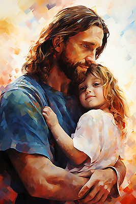 JPG 응시 여자 남자 기독교 어린이 일러스트 안기 포옹 추상 함께함 미술 들기 소녀 상반신 성인 두명 예수 유화 국내일러스트 AI일러스트 AI콘텐츠 시선 종교 컨셉 무늬 모션 문화예술 사람 신_종교 파일형식