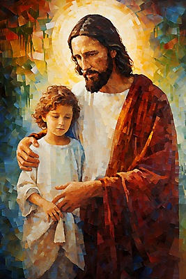 JPG 남자 기독교 어린이 일러스트 안기 추상 함께함 미술 소년 상반신 성인 두명 예수 감싸기 유화 남자만 어깨에손 국내일러스트 AI일러스트 AI콘텐츠 종교 컨셉 무늬 모션 문화예술 사람 신_종교 파일형식