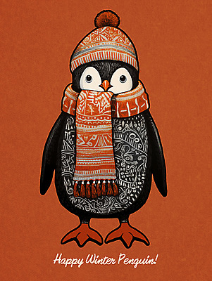 PSD 한마리 손글씨 겨울 일러스트 조류 털모자 사람없음 빨간색 목도리 펭귄 노르딕 국내일러스트 동물 모자_잡화 1 디자인 잡화 계절 컬러 파일형식