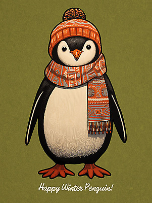 PSD 한마리 손글씨 겨울 일러스트 조류 털모자 사람없음 초록색 목도리 펭귄 노르딕 국내일러스트 동물 모자_잡화 1 디자인 잡화 계절 컬러 파일형식