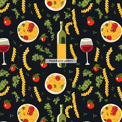 PSD 편집이미지 패턴 토마토 와인잔 파스타 스파게티 사람없음 와인 검은색 패턴백그라운드 허브 와인병 푸질리 이미지편집 식물 컬러 백그라운드 무늬 채소 술잔 식재료 병_용기 주류 서양음식 파일형식