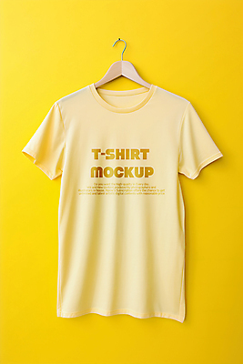 PSD 편집 편집이미지 티셔츠 타이포그라피 사람없음 반팔티셔츠 옷걸이 노란배경 목업 편집소스 이미지편집 문자 백그라운드 셔츠 노란색 파일형식