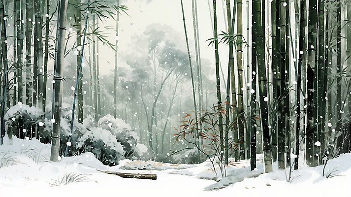 JPG 식물 겨울 일러스트 수묵화 풍경 사람없음 초록색 눈 분위기 대나무 대나무숲 눈덮임 국내일러스트 AI일러스트 AI콘텐츠 자연요소 나무 계절 컬러 컨셉 날씨 미술 숲 파일형식