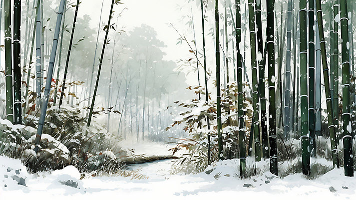 JPG 식물 겨울 일러스트 수묵화 풍경 사람없음 초록색 눈 분위기 대나무 대나무숲 눈덮임 국내일러스트 AI일러스트 AI콘텐츠 자연요소 나무 계절 컬러 컨셉 날씨 미술 숲 파일형식