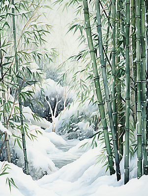 JPG 식물 겨울 일러스트 수묵화 풍경 사람없음 초록색 눈 분위기 대나무 대나무숲 눈덮임 국내일러스트 AI일러스트 AI콘텐츠 자연요소 나무 계절 컬러 컨셉 날씨 미술 숲 파일형식