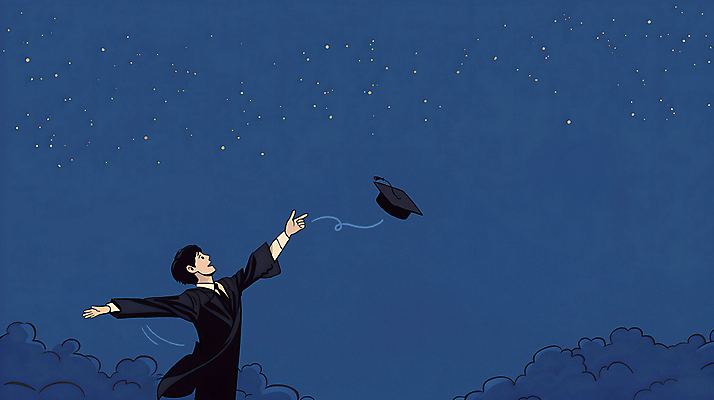 PSD 구름 학생 남자 일러스트 학사모 졸업 학교 밤하늘 하늘 팔벌리기 졸업식 졸업생 한명 상반신 파란색 졸업가운 던지기 남자한명만 국내일러스트 자연요소 모자_잡화 1 교육 컬러 모션 사람 가운 야간 남자만 파일형식