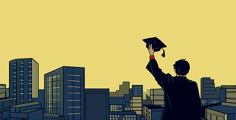 PSD 학생 남자 일러스트 학사모 졸업 학교 졸업식 졸업생 한명 들기 빌딩 상반신 건물 노란색 도시 졸업가운 남자한명만 국내일러스트 모자_잡화 1 건축물 교육 컬러 모션 사람 가운 남자만 파일형식