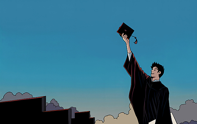 PSD 구름 학생 남자 일러스트 학사모 졸업 학교 하늘 졸업식 졸업생 한명 들기 상반신 건물 파란색 손들기 졸업가운 남자한명만 국내일러스트 자연요소 모자_잡화 1 건축물 교육 컬러 모션 사람 가운 남자만 파일형식