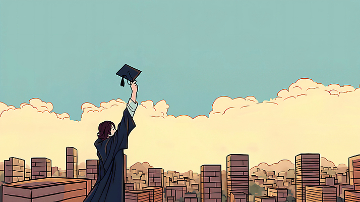 PSD 구름 학생 여자 일러스트 학사모 졸업 학교 하늘 졸업식 졸업생 한명 들기 빌딩 상반신 건물 손들기 도시 졸업가운 여자한명만 국내일러스트 자연요소 모자_잡화 1 건축물 교육 모션 사람 가운 여자만 파일형식