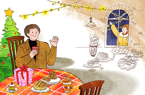 PSD 커플 여자 남자 음료 빵 크리스마스 의자 데이트 일러스트 탁자 사랑 들기 상반신 성인 두명 선물상자 크리스마스트리 카페 빵집 만남 머그컵 손인사 창밖 알전구 성인만 국내일러스트 기념일 감정 음식 가구 컨셉 전구 창문 관계 모션 선물 사람 컵 상자 상점 인사 파일형식