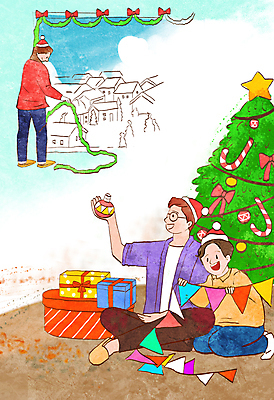 PSD 여자 남자 아들 어린이 크리스마스장식 크리스마스 일러스트 산타모자 창문 가족 서기 들기 앉기 소년 성인 건물 세명 선물상자 크리스마스트리 가랜드 꾸미기 오너먼트 국내일러스트 모자_잡화 건축물 기념일 관계 모션 선물 사람 상자 파티용품 파일형식