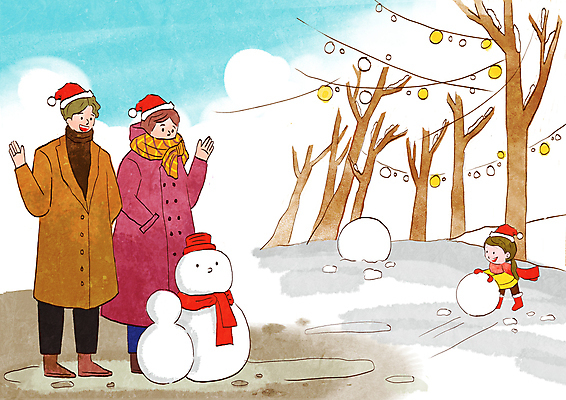 전신 PSD 나무 여자 남자 딸 어린이 크리스마스 일러스트 산타모자 가족 눈사람 소녀 성인 세명 손들기 주머니손 눈굴리기 눈사람만들기 알전구 국내일러스트 식물 모자_잡화 기념일 전구 관계 모션 사람 만들기 굴리기 파일형식