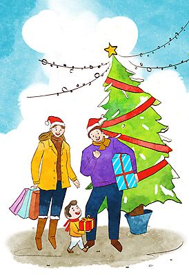 전신 PSD 여자 남자 아들 어린이 크리스마스 일러스트 가족 함께함 들기 소년 성인 세명 선물상자 쇼핑 쇼핑백 크리스마스트리 구매 알전구 국내일러스트 기념일 컨셉 가방 전구 관계 모션 선물 사람 상자 파일형식