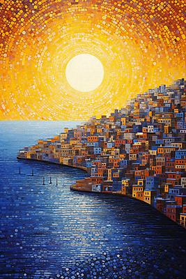 JPG 포스터 바다 일러스트 풍경 해변 사람없음 건물 도시풍경 태양 마을 일몰 그림 윤슬 점묘화 국내일러스트 AI일러스트 AI콘텐츠 자연요소 건축물 물결 미술 노을 도시 파일형식