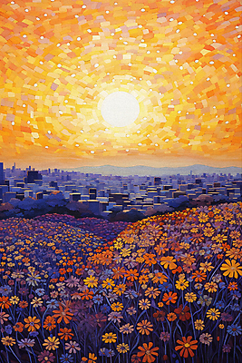 JPG 꽃 포스터 꽃밭 일러스트 풍경 사람없음 건물 도시풍경 태양 일몰 그림 점묘화 국내일러스트 AI일러스트 AI콘텐츠 자연요소 식물 건축물 미술 노을 도시 파일형식