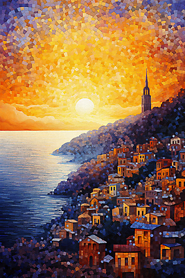 JPG 포스터 바다 일러스트 풍경 해변 사람없음 건물 도시풍경 태양 마을 일몰 그림 윤슬 점묘화 국내일러스트 AI일러스트 AI콘텐츠 자연요소 건축물 물결 미술 노을 도시 파일형식