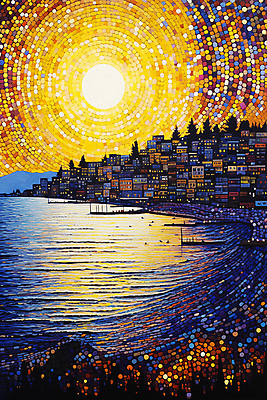 JPG 포스터 바다 일러스트 풍경 해변 사람없음 건물 도시풍경 태양 마을 일몰 그림 윤슬 점묘화 국내일러스트 AI일러스트 AI콘텐츠 자연요소 건축물 물결 미술 노을 도시 파일형식