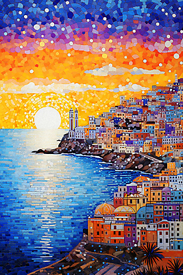 JPG 포스터 바다 일러스트 풍경 해변 사람없음 건물 도시풍경 태양 마을 일몰 그림 윤슬 점묘화 국내일러스트 AI일러스트 AI콘텐츠 자연요소 건축물 물결 미술 노을 도시 파일형식