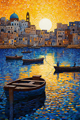 JPG 포스터 바다 일러스트 풍경 해변 사람없음 건물 도시풍경 태양 마을 일몰 나룻배 그림 윤슬 점묘화 국내일러스트 AI일러스트 AI콘텐츠 자연요소 건축물 물결 배_교통 미술 노을 도시 파일형식