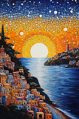 JPG 포스터 바다 일러스트 풍경 해변 사람없음 건물 도시풍경 태양 마을 일몰 그림 윤슬 점묘화 국내일러스트 AI일러스트 AI콘텐츠 자연요소 건축물 물결 미술 노을 도시 파일형식