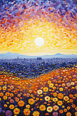 JPG 꽃 포스터 꽃밭 일러스트 풍경 사람없음 건물 도시풍경 태양 일몰 그림 점묘화 국내일러스트 AI일러스트 AI콘텐츠 자연요소 식물 건축물 미술 노을 도시 파일형식