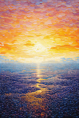 JPG 포스터 바다 일러스트 풍경 사람없음 태양 일몰 그림 윤슬 점묘화 국내일러스트 AI일러스트 AI콘텐츠 자연요소 물결 미술 노을 파일형식