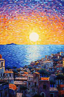 JPG 포스터 바다 일러스트 풍경 해변 사람없음 건물 도시풍경 태양 마을 일몰 그림 윤슬 점묘화 국내일러스트 AI일러스트 AI콘텐츠 자연요소 건축물 물결 미술 노을 도시 파일형식