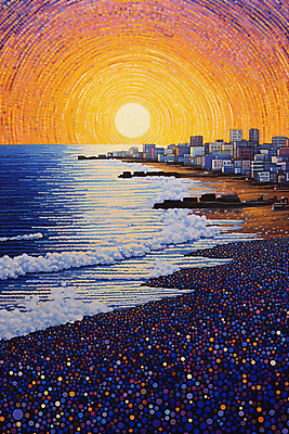 JPG 포스터 파도 바다 일러스트 풍경 해변 사람없음 건물 도시풍경 태양 마을 일몰 그림 윤슬 점묘화 국내일러스트 AI일러스트 AI콘텐츠 자연요소 건축물 물결 미술 노을 도시 파일형식