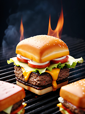 JPG 편집이미지 추상 불꽃 패스트푸드 서양음식 사람없음 3D 햄버거 연기 그릴 굽기 큐브 디지털합성 오브젝트 정사각형 편집소스 편집3D AI컴퓨터그래픽 AI콘텐츠 도형 음식 무늬 주방용품 불 인스턴트 구이 파일형식