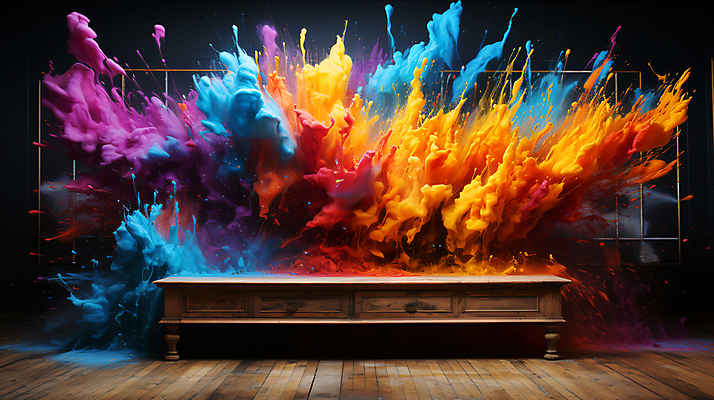 JPG 편집이미지 백그라운드 탁자 사람없음 컬러풀 표현 폭발 가루 스플래쉬 더스트파티클 이미지편집 편집실사 AI컴퓨터그래픽 AI콘텐츠 컬러 가구 CG 파일형식