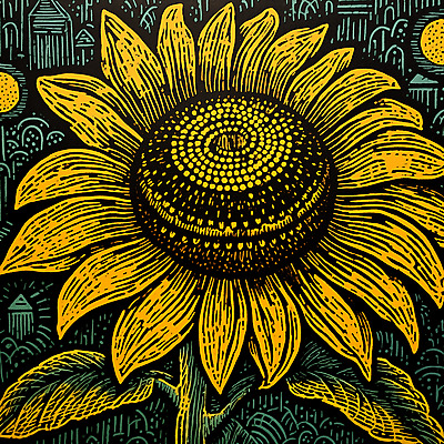 JPG 꽃 일러스트 해바라기 사람없음 노란색 빈티지 그림 판화 국내일러스트 AI일러스트 AI콘텐츠 식물 컬러 컨셉 미술 파일형식