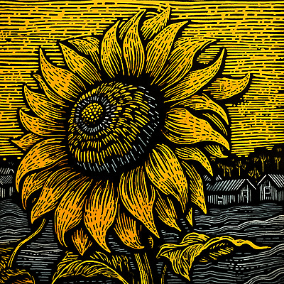 JPG 꽃 일러스트 해바라기 사람없음 노란색 빈티지 그림 판화 국내일러스트 AI일러스트 AI콘텐츠 식물 컬러 컨셉 미술 파일형식